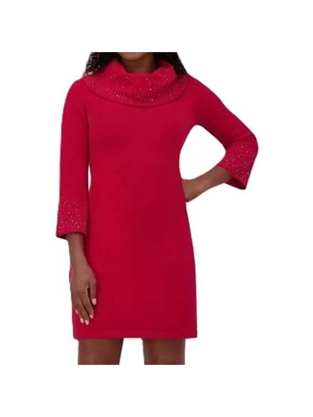 Jessica Howard Sweater Dress Studded 3/4 Sleeve & Cowl Neck Red Size Medium NWT